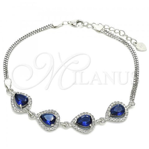 Sterling Silver Fancy Bracelet, Teardrop Design, with Sapphire Blue Cubic Zirconia and White Crystal, Polished, Rhodium Finish, 03.286.0018.1.07