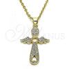 Oro Laminado Religious Pendant, Gold Filled Style Cross and Wings Design, with White Micro Pave, Polished, Golden Finish, 05.102.0053