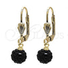 Oro Laminado Dangle Earring, Gold Filled Style Ball Design, with Black Crystal, Golden Finish, 5.120.017.1