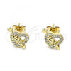 Oro Laminado Stud Earring, Gold Filled Style Love and Heart Design, with White Micro Pave, Polished, Golden Finish, 02.342.0178