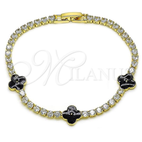 Oro Laminado Fancy Bracelet, Gold Filled Style Four-leaf Clover Design, with White Cubic Zirconia, Black Enamel Finish, Golden Finish, 03.284.0049.1.07