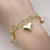 Oro Laminado Charm Bracelet, Gold Filled Style Rolo and Heart Design, Polished, Golden Finish, 03.213.0256.07
