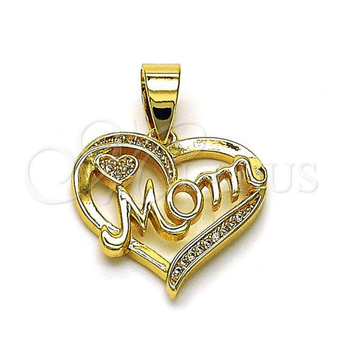 Oro Laminado Fancy Pendant, Gold Filled Style Heart and Mom Design, with White Micro Pave, Polished, Golden Finish, 05.342.0200