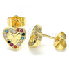 Oro Laminado Stud Earring, Gold Filled Style Heart Design, with Multicolor Micro Pave, Polished, Golden Finish, 02.233.0048.2