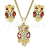 Oro Laminado Earring and Pendant Adult Set, Gold Filled Style Owl Design, with Garnet Cubic Zirconia and White Micro Pave, Polished, Golden Finish, 10.210.0123