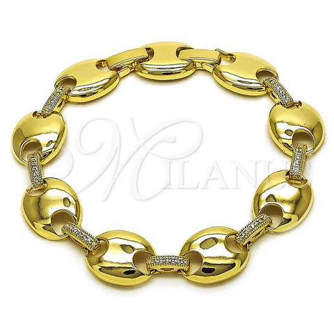 Oro Laminado Fancy Bracelet, Gold Filled Style Puff Mariner Design, with White Cubic Zirconia, Polished, Golden Finish, 03.213.0383.08