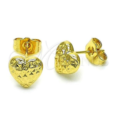 Oro Laminado Stud Earring, Gold Filled Style Heart Design, Diamond Cutting Finish, Golden Finish, 02.195.0221