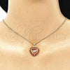 Oro Laminado Earring and Pendant Adult Set, Gold Filled Style Heart and Love Design, with Garnet Cubic Zirconia, Polished, Golden Finish, 10.156.0412.1