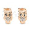 Sterling Silver Stud Earring, Owl Design, with Black and White Cubic Zirconia, Polished, Rose Gold Finish, 02.336.0143.1