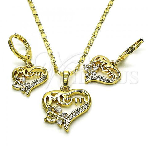 Oro Laminado Earring and Pendant Adult Set, Gold Filled Style Heart and Butterfly Design, with White Cubic Zirconia and White Micro Pave, Polished, Golden Finish, 10.196.0094.2