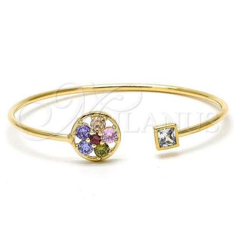 Oro Laminado Individual Bangle, Gold Filled Style Flower Design, with Multicolor Cubic Zirconia and White Crystal, Polished, Golden Finish, 07.97.0058 (02 MM Thickness, Size 3 - 2.00 Diameter)