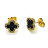 Oro Laminado Stud Earring, Gold Filled Style Four-leaf Clover Design, with Black Mother of Pearl and White Micro Pave, Polished, Golden Finish, 02.283.0245.1