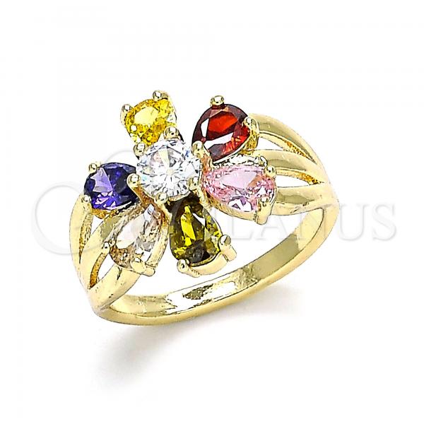 Oro Laminado Multi Stone Ring, Gold Filled Style Flower Design, with Multicolor Cubic Zirconia, Polished, Golden Finish, 01.210.0143.09