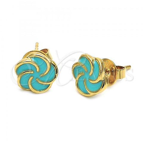 Oro Laminado Stud Earring, Gold Filled Style Flower Design, Turquoise Enamel Finish, Golden Finish, 02.64.0337 *PROMO*