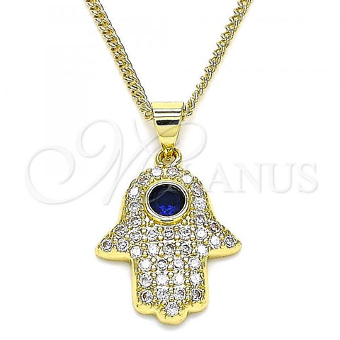Oro Laminado Pendant Necklace, Gold Filled Style Hand of God Design, with Sapphire Blue and White Micro Pave, Polished, Golden Finish, 04.156.0396.20