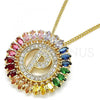 Oro Laminado Pendant Necklace, Gold Filled Style Initials Design, with Multicolor Cubic Zirconia, Polished, Golden Finish, 04.210.0019.1.20