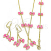 Oro Laminado Earring and Pendant Children Set, Gold Filled Style Butterfly Design, with White Crystal, Pink Enamel Finish, Golden Finish, 06.60.0004.1