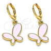 Oro Laminado Dangle Earring, Gold Filled Style Butterfly Design, Pink Enamel Finish, Golden Finish, 02.377.0025.1