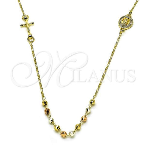 Oro Laminado Fancy Necklace, Gold Filled Style Ball and Figaro Design, Diamond Cutting Finish, Tricolor, 04.253.0020.20