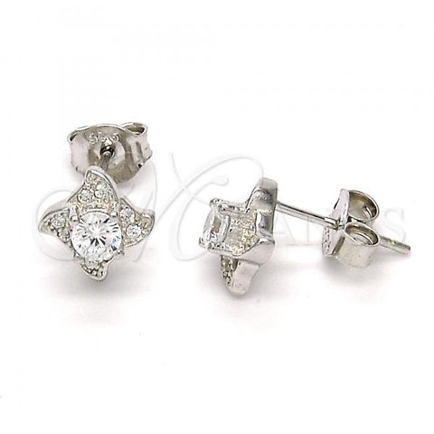 Sterling Silver Stud Earring, with White Cubic Zirconia and White Micro Pave, Polished, Rhodium Finish, 02.186.0026
