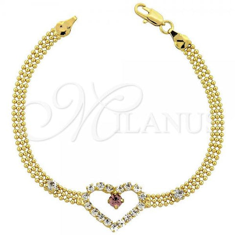 Oro Laminado Fancy Bracelet, Gold Filled Style Heart Design, with Violet and White Cubic Zirconia, Polished, Golden Finish, 5.023.004