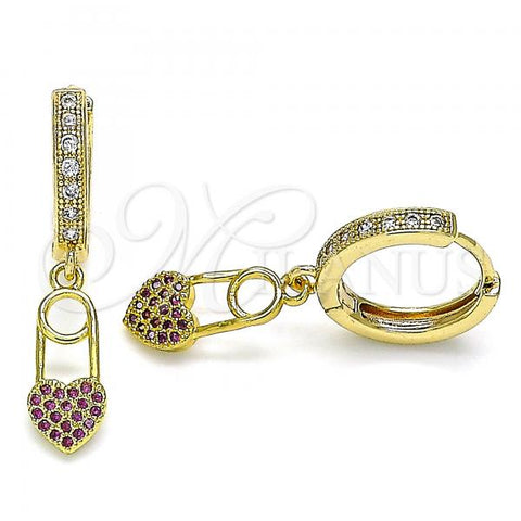 Oro Laminado Huggie Hoop, Gold Filled Style Heart Design, with Ruby and White Micro Pave, Polished, Golden Finish, 02.368.0054.15