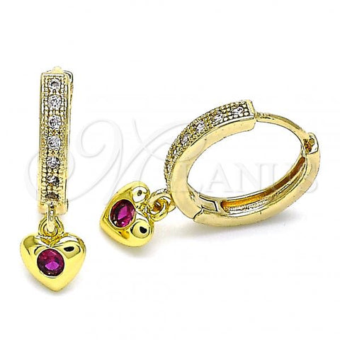Oro Laminado Huggie Hoop, Gold Filled Style Heart Design, with Ruby Cubic Zirconia and White Micro Pave, Polished, Golden Finish, 02.368.0070.15