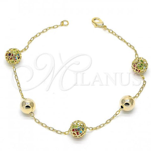 Oro Laminado Charm Anklet , Gold Filled Style Filigree Design, with Multicolor Crystal, Polished, Golden Finish, 03.63.1345.10