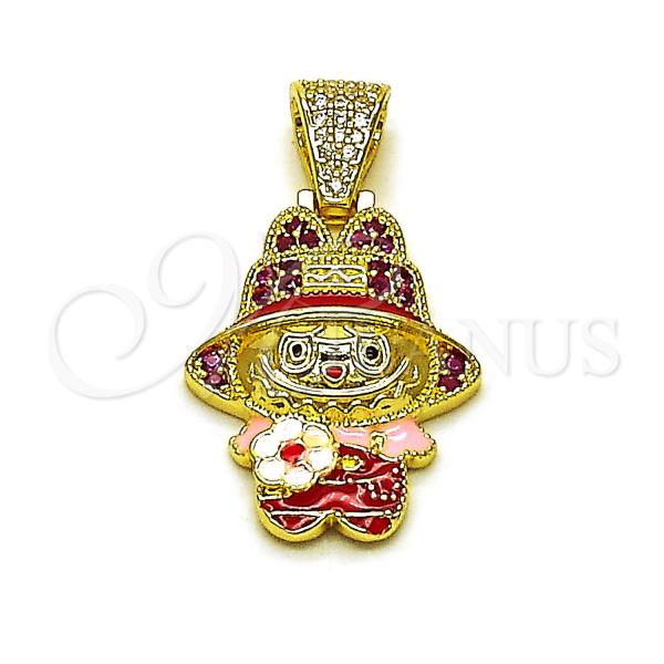 Oro Laminado Fancy Pendant, Gold Filled Style Flower Design, with Ruby and White Cubic Zirconia, Red Enamel Finish, Golden Finish, 05.284.0022.1