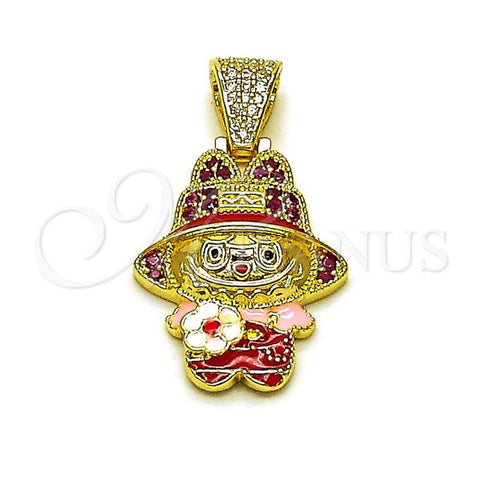 Oro Laminado Fancy Pendant, Gold Filled Style Flower Design, with Ruby and White Cubic Zirconia, Red Enamel Finish, Golden Finish, 05.284.0022.1
