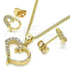 Oro Laminado Earring and Pendant Adult Set, Gold Filled Style Heart Design, with White Micro Pave, Polished, Golden Finish, 10.342.0035