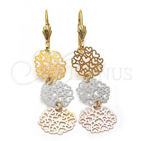 Oro Laminado Long Earring, Gold Filled Style Heart Design, Polished, Tricolor, 5.114.017