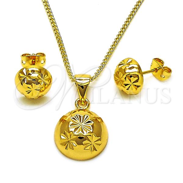 Oro Laminado Earring and Pendant Adult Set, Gold Filled Style Ball Design, Diamond Cutting Finish, Golden Finish, 10.342.0195