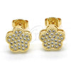 Oro Laminado Stud Earring, Gold Filled Style Flower Design, with White Micro Pave, Polished, Golden Finish, 02.156.0299