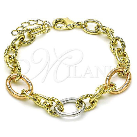 Oro Laminado Fancy Bracelet, Gold Filled Style Rope and Rolo Design, Polished, Tricolor, 03.213.0243.07