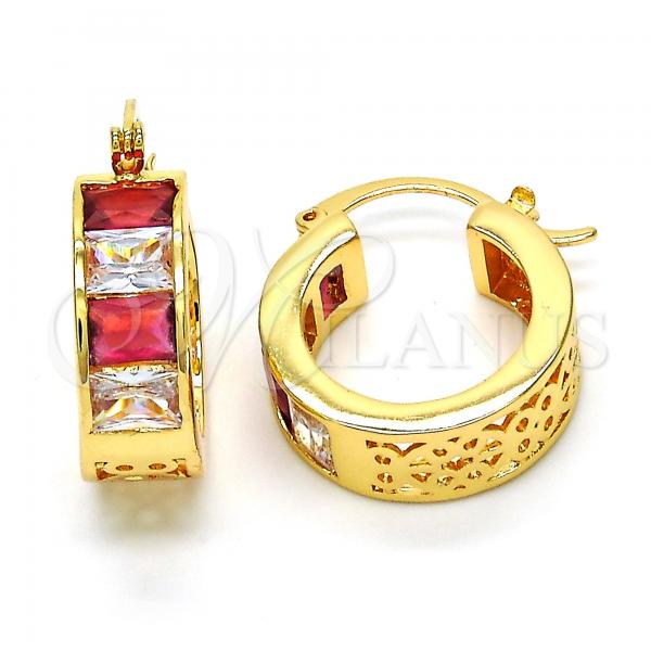Oro Laminado Small Hoop, Gold Filled Style with Ruby and White Cubic Zirconia, Polished, Golden Finish, 02.185.0001.8.20