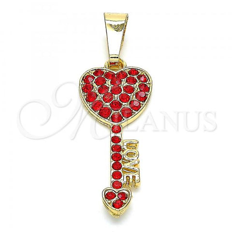 Oro Laminado Fancy Pendant, Gold Filled Style key and Love Design, with Garnet Crystal, Polished, Golden Finish, 05.351.0096.1