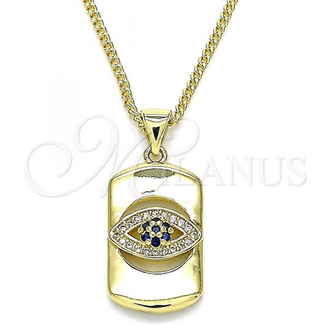 Oro Laminado Pendant Necklace, Gold Filled Style Evil Eye Design, with Sapphire Blue and White Micro Pave, Polished, Golden Finish, 04.156.0405.20