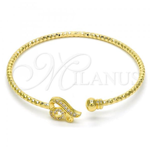 Oro Laminado Individual Bangle, Gold Filled Style Heart Design, with White Cubic Zirconia, Diamond Cutting Finish, Golden Finish, 07.193.0013 (03 MM Thickness, One size fits all)