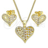 Oro Laminado Earring and Pendant Adult Set, Gold Filled Style Heart Design, with White Micro Pave, Polished, Golden Finish, 10.156.0293