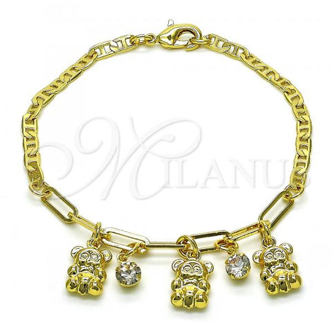 Oro Laminado Charm Bracelet, Gold Filled Style Teddy Bear Design, with White Crystal, Polished, Golden Finish, 03.63.2231.08