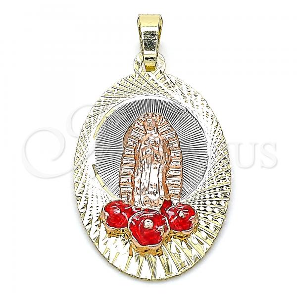 Oro Laminado Religious Pendant, Gold Filled Style Guadalupe and Flower Design, Red Enamel Finish, Tricolor, 05.380.0102