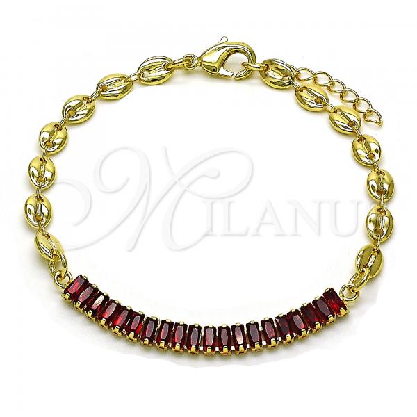 Oro Laminado Fancy Bracelet, Gold Filled Style Puff Mariner Design, with Garnet Cubic Zirconia, Polished, Golden Finish, 03.130.0013.2.08