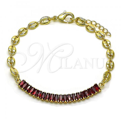 Oro Laminado Fancy Bracelet, Gold Filled Style Puff Mariner Design, with Garnet Cubic Zirconia, Polished, Golden Finish, 03.130.0013.2.08