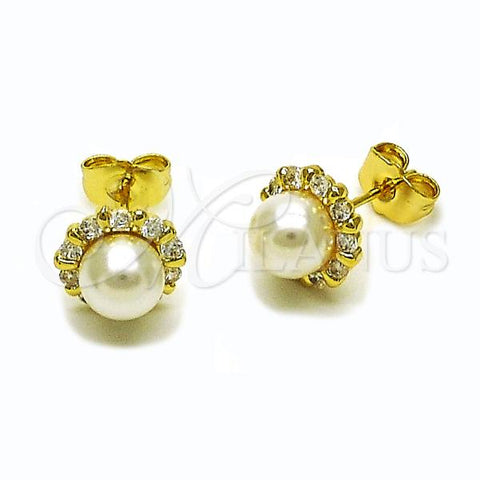 Oro Laminado Stud Earring, Gold Filled Style Ball Design, with Ivory Pearl and White Cubic Zirconia, Polished, Golden Finish, 02.156.0719