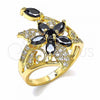 Oro Laminado Multi Stone Ring, Gold Filled Style Flower Design, with Black and White Cubic Zirconia, Polished, Golden Finish, 01.283.0010.07 (Size 7)