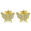 Oro Laminado Stud Earring, Gold Filled Style Butterfly Design, with White Micro Pave, Polished, Golden Finish, 02.210.0423