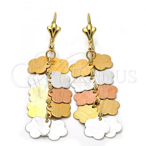 Oro Laminado Long Earring, Gold Filled Style Flower Design, Brushed Finish, Tricolor, 63.01