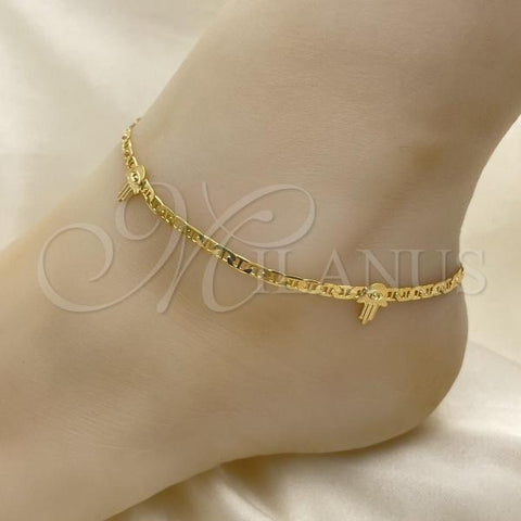 Oro Laminado Fancy Anklet, Gold Filled Style Mariner and Hand of God Design, Polished, Golden Finish, 03.32.0616.10