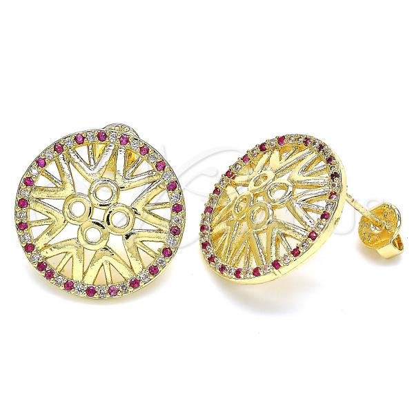 Oro Laminado Stud Earring, Gold Filled Style with Ruby and White Micro Pave, Polished, Golden Finish, 02.233.0018.2